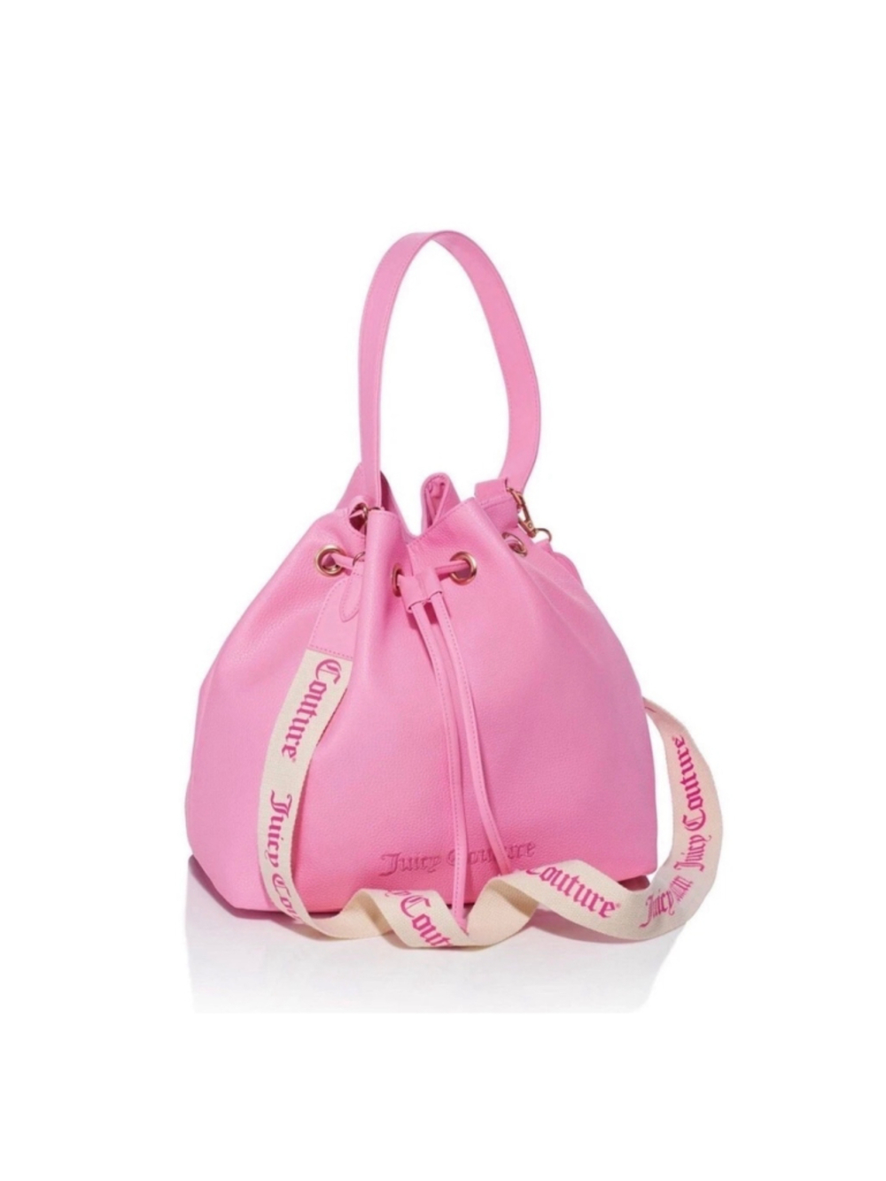 Juicy Viva La Juicy Gold Couture Bucket Bag with Guitar Strap, NWT Pink/White